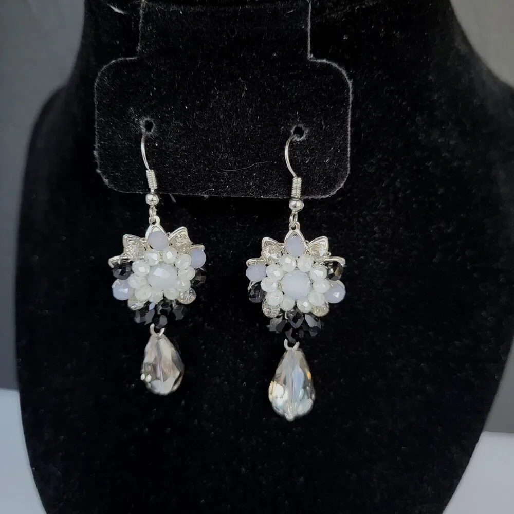 Beautiful Grayscale Fairy Flower Crystal Tear Drop Earrings 2.5 in